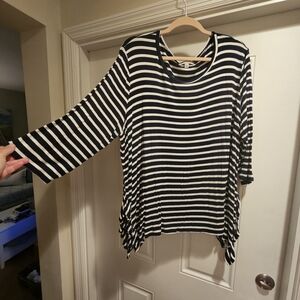 Green Envelope 3X Navy and White Striped Long Sleeve Top with Ruffle Detail